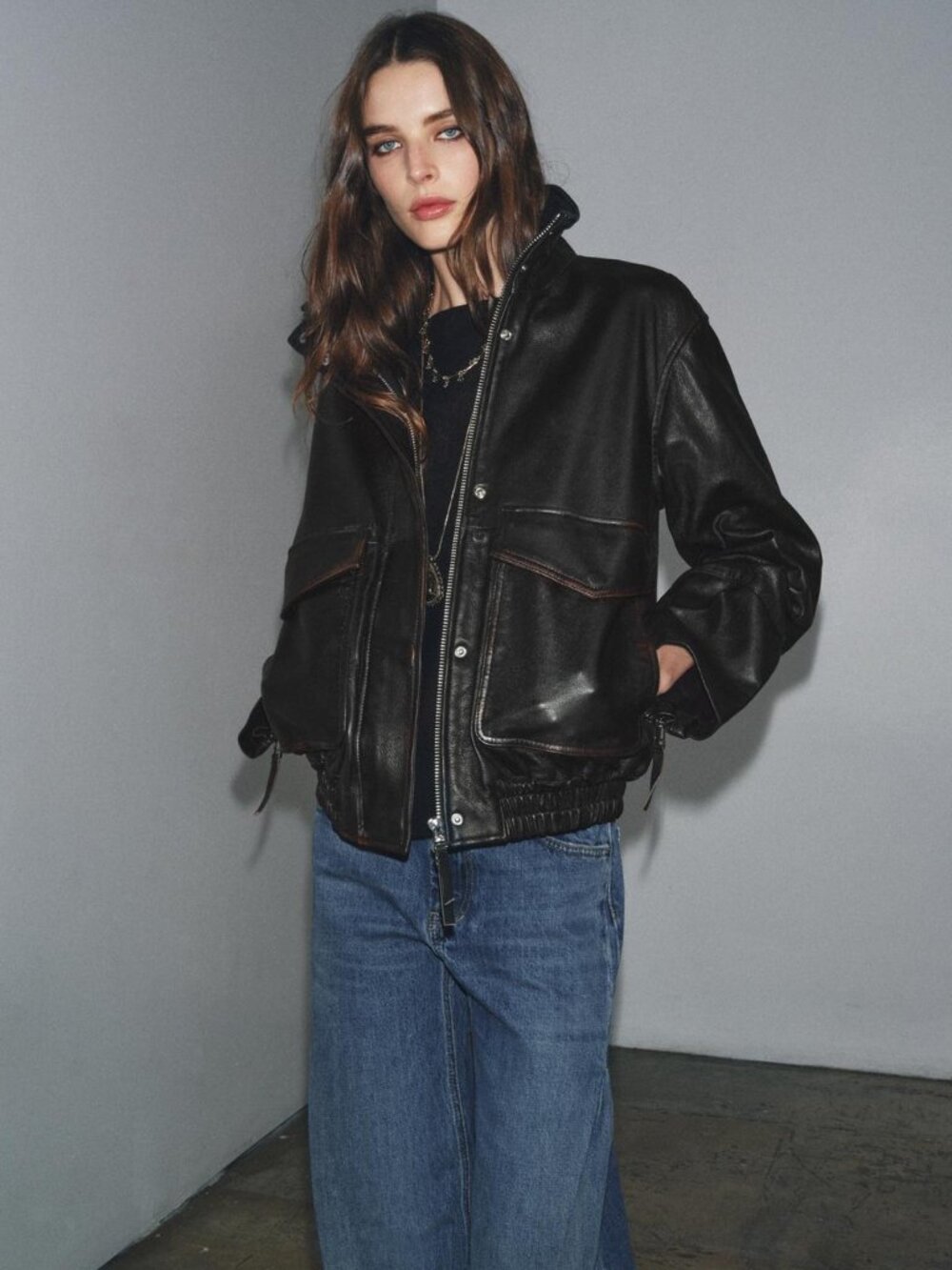 Zara 100% LEATHER BOMBER JACKET ZW COLLECTION LIMITED EDITION